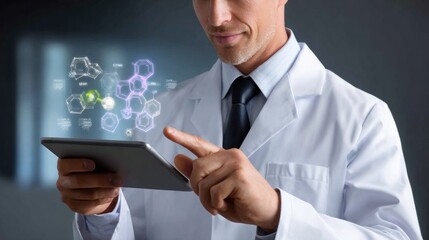 Medical doctor using tablet analyzing molecular structure in futuristic laboratory
