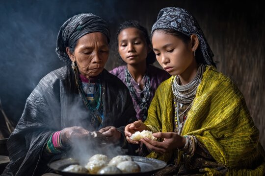 Apatani women preparing traditional food in a smoky kitchen