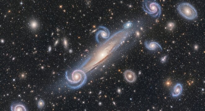 Cosmic assemblage showcasing diverse galaxy shapes amidst a star-studded expanse