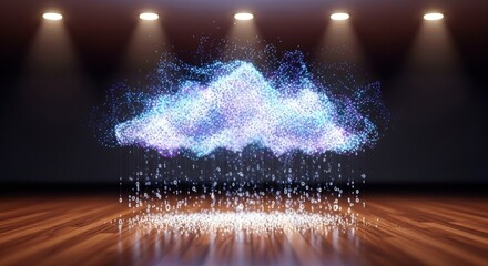 Digital cloud visualization with binary rain, data-driven analytics on display, advanced computing