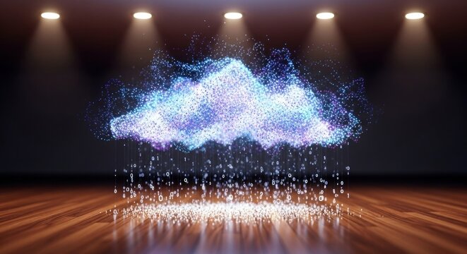 Digital cloud visualization with binary rain, data-driven analytics on display, advanced computing