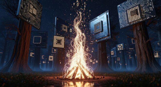 Digital campfire in a virtual forest with illuminated circuit board trees at dusk