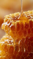 Golden honey drips from honeycomb, showcasing its natural sweetness and rich texture in vibrant detail