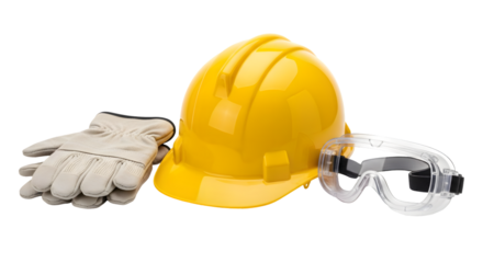 Yellow hard hat, work gloves, and safety goggles isolated on a transparent background, representing personal protective equipment