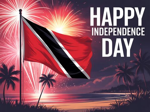 Trinidad and tobago celebrates independence day with a vibrant fireworks display over a tropical beach - Powered by Adobe
