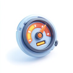 3D stylized speedometer, light-blue, orange needle, graphic design