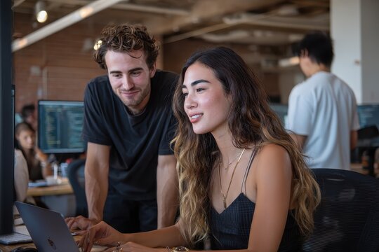 Coworkers collaborating on a project and sharing ideas in a modern office space during a productive workday