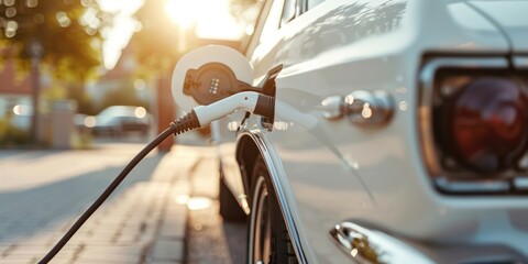 Naklejka premium vintage white car refueled electric charging battery power contemporary modify old thing to future and sunlight.