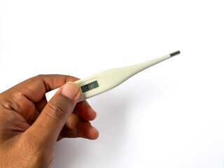 Hand Holding Digital Thermometer for Body Temperature Check Isolated on White Background
