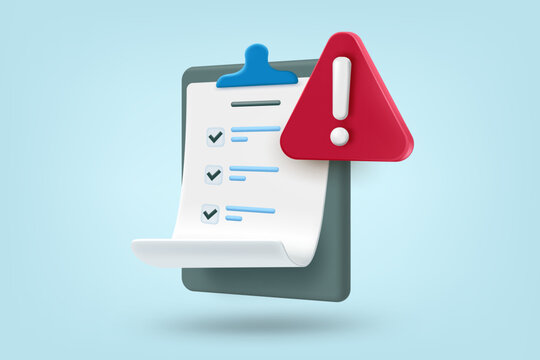 Check list with red exclamation sign. 3d vector illustration