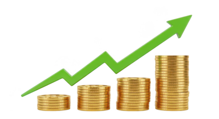 Growing Gold Coin Stacks with Green Arrow, Transparent Background, PNG