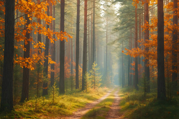 Fototapeta premium Autumn Forest Path with Orange Leaves and Sunlight
