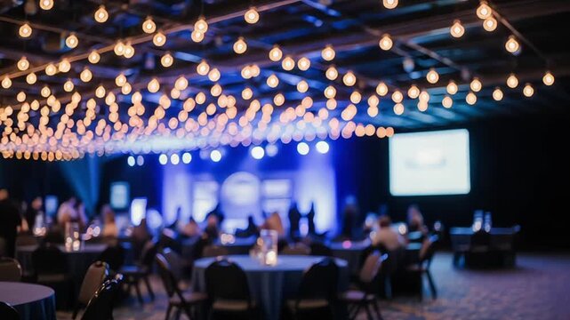 Elegant corporate event with round tables, stage, and warm string lights overhead