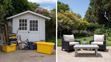 Cozy backyard patio with garden storage shed