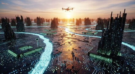 Futuristic Microchip Cityscape at Sunset with Drone Surveillance and Advanced Infrastructure