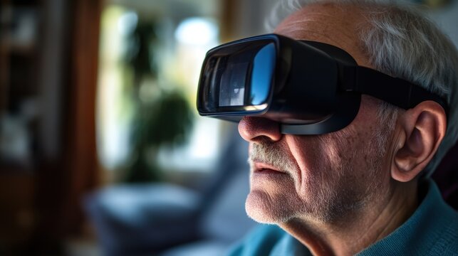Senior man wearing virtual reality headset.