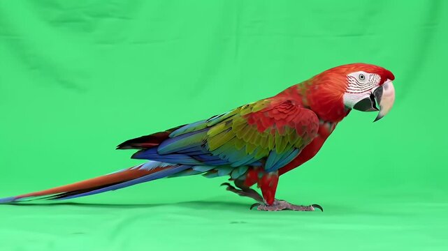 Vibrant Macaw Parrot Standing on Green Screen Studio Background, Exotic Tropical Bird with Red, Green, and Blue Feathers in Profile