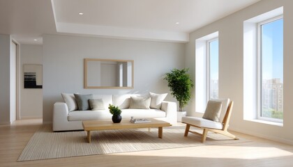 Modern minimalist living room with natural light