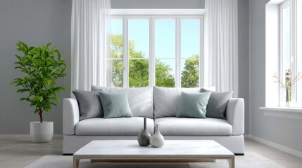 Modern living room with stylish white sofa