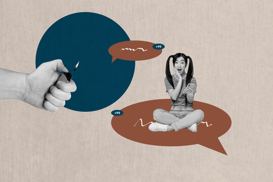 Creative trend collage of person suse gadget speech bubble with hand lighter on pastel background