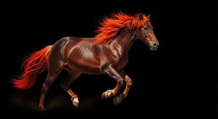 Majestic auburn stallion captured in mid-stride against a dramatic black backdrop