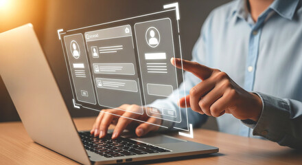 Man interacting with a digital interface overlayed on a laptop screen while typing on the keyboard