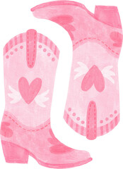 watercolor pink cowboy boots decorated with charming heart patterns