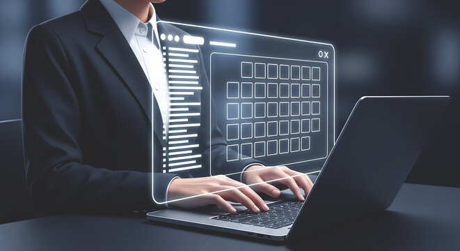 Person in suit typing on laptop with calendar application overlayed on the screen in a dark setting