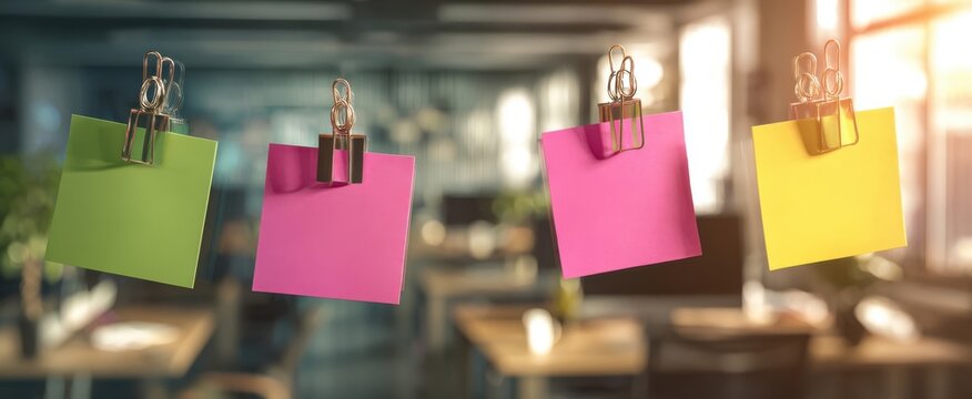 The vibrant collection of sticky notes hanging in a modern office space.