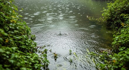 Raindrops falling into a pond surrounded by lush greenery creating ripples and reflections