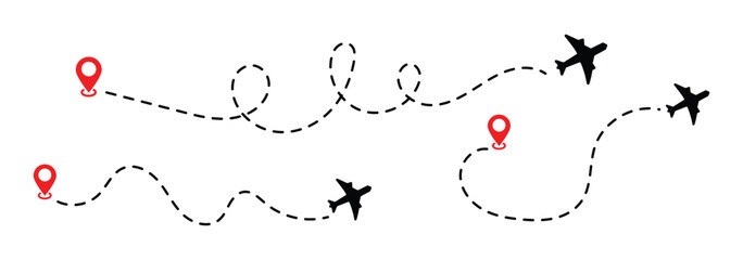 Airplane routes set. Plane route line. Planes dotted flight pathway. Plane paths. Aircraft tracking, planes, travel, map pins, location pins. Romantic