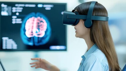 Virtual reality headset woman brain scan technology medical research innovation, young woman using digital display, science - Powered by Adobe