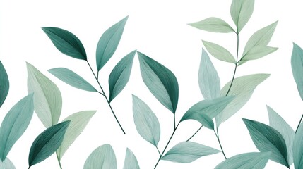 Elegant seamless pattern featuring minimalist green and teal leaves on delicate branches