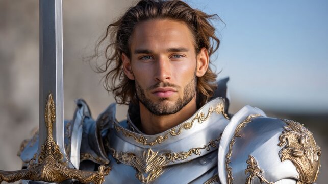 Medieval knight holding sword, embracing history and fantasy