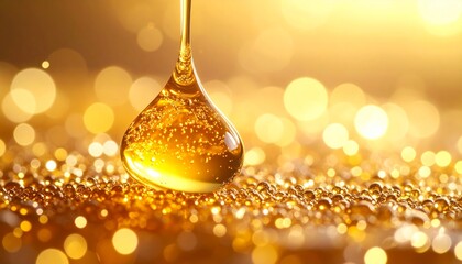 Golden Hour: A luminous droplet of honey, captured in a macro shot, elegantly suspended and about to fall, epitomizes richness. The shimmering background intensifies the golden hues.