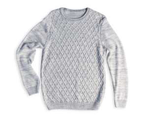 Top view of one warm cozy casual sweater with diamond texture and long sleeves of light gray colour isolated on white background knitted of soft wool fiber used as comfortable autumn or winter cloth
