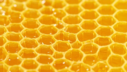 Golden Honeycomb: A detailed macro shot captures the intricate geometry of a pristine honeycomb, filled with the sweet nectar of nature's artistry, exuding warmth and natural beauty.