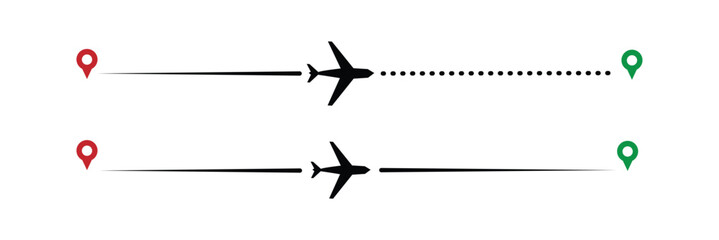 Airplane routes set. Plane route line. Planes dotted flight pathway. Plane paths. Aircraft tracking, planes, travel, map pins, location pins. Romantic