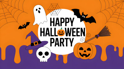 Halloween party graphic on a gradient orange to purple background with bats, spiderwebs, a ghost, skull, witch hat, jack-o-lantern and broom. Text reads "Happy Halloween Party".

