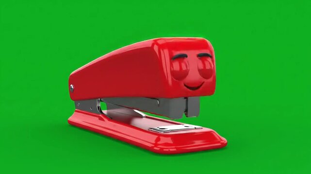 Playful, cartoon-style red stapler with large blue eyes and a smiling face, set against a vibrant green background