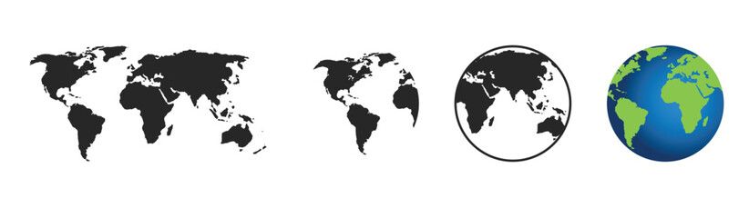 World Map Collection: Diverse representations of planet earth. From detailed continent outlines to a vibrant 3D globe, the imagery showcases Earth's vastness and geographic features.