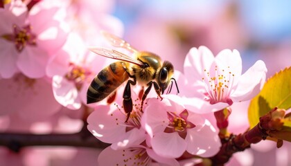 Bee on Cherry Blossom: A close-up of a honey bee delicately perched on a cherry blossom, a testament to the beauty of spring and the vital role of pollinators.