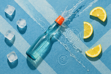  Splashing Ramune Soda with Lemon Wedges and Ice Cubes on Blue Background