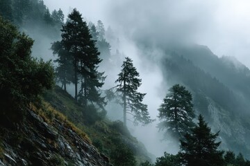 Fog envelops majestic mountains while pines stand tall in tranquil wilderness setting during early morning hours