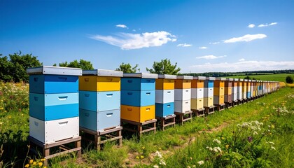 Colorful Beehives on a Sunny Day: Rows of vibrant beehives stand aligned in a sun-drenched field under a clear, blue sky, a testament to the hard work of nature's diligent pollinators. 