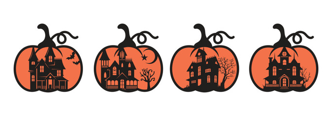 Halloween pumpkin, horor houses, vector