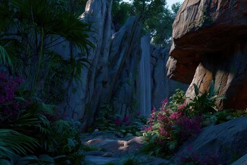 Lush, tropical path with waterfall and rocks