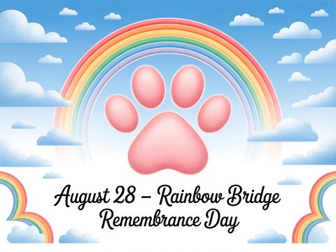 Honoring beloved pets on rainbow bridge remembrance day with a paw print under a vibrant arching rainbow