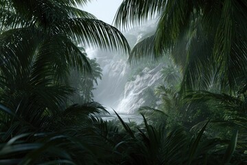 Lush jungle vista, waterfall hidden by palms