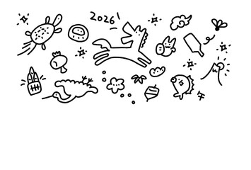 馬と日本の正月の手描きのかわいいモノクロ年賀状イラスト　2026・ラインアート・富士山・鶴亀・松竹梅